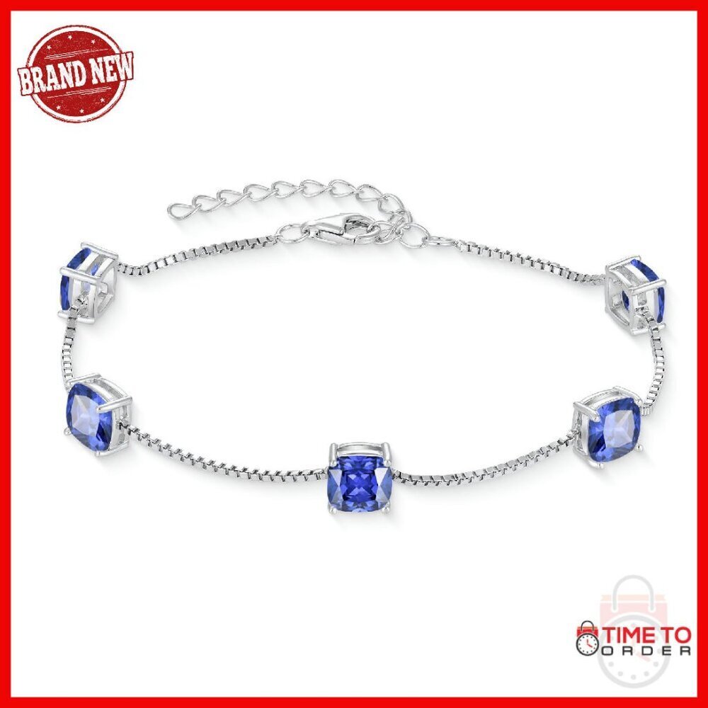 925 Sterling Silver Princess Cut Link Bracelet with Birthstone Gemstones